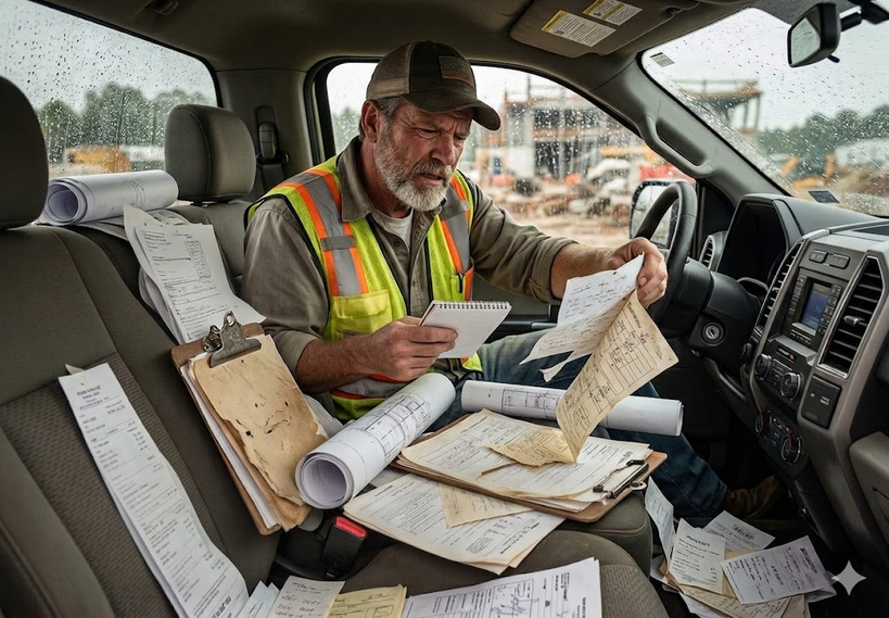 Supervisor reviewing paperwork in a truck with scattered documents